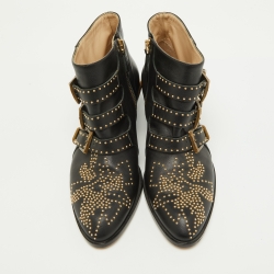 Pre Owned Chloe Black Studded Leather Ankle Boots Size 37.5