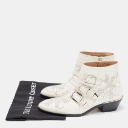 Pre Owned Chloe White Studded Leather Susanna Ankle Boots Size 38.5