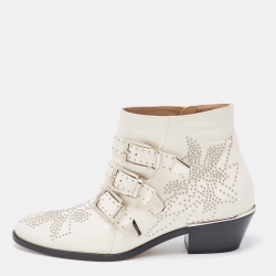Pre Owned Chloe White Studded Leather Susanna Ankle Boots Size 38.5