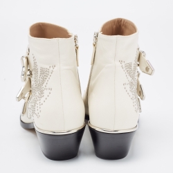 Pre Owned Chloe White Studded Leather Susanna Ankle Boots Size 38.5