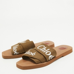 Chloe Green Canvas Woody Flat Slides Size 39