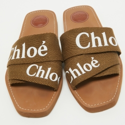 Chloe Green Canvas Woody Flat Slides Size 39