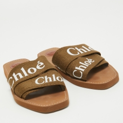 Chloe Green Canvas Woody Flat Slides Size 39