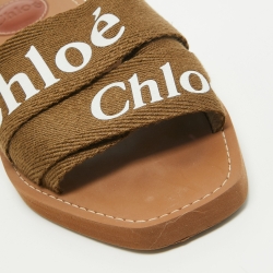 Chloe Green Canvas Woody Flat Slides Size 39