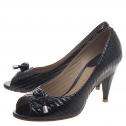 Pre Owned Chloe Black Patent Leather Line Stitch Detail Peep Toe Pumps Size 36.5