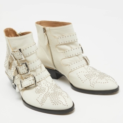 Pre Owned Chloe Off White Studded Leather Susanna Boots Size 37