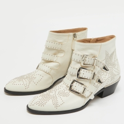 Pre Owned Chloe Off White Studded Leather Susanna Boots Size 37