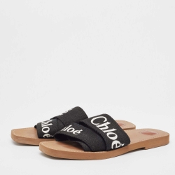 Pre Owned Chloe Black Logo Print Canvas Woody Flat Slides Size 41