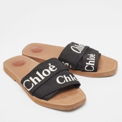 Pre Owned Chloe Black Logo Print Canvas Woody Flat Slides Size 41