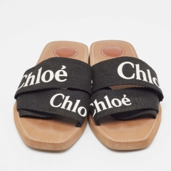 Pre Owned Chloe Black Logo Print Canvas Woody Flat Slides Size 41