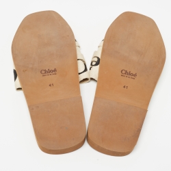 Pre Owned Chloe Cream Logo Print Canvas Woody Flat Slides Size 41