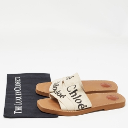 Pre Owned Chloe Cream Logo Print Canvas Woody Flat Slides Size 41