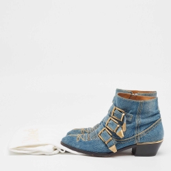 Pre Owned Chloe Blue Denim Embroidered Western Boots Size 37.5