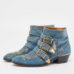 Pre Owned Chloe Blue Denim Embroidered Western Boots Size 37.5
