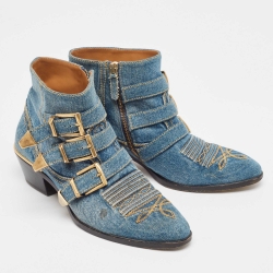 Pre Owned Chloe Blue Denim Embroidered Western Boots Size 37.5