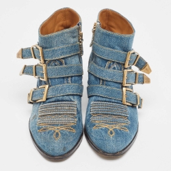 Pre Owned Chloe Blue Denim Embroidered Western Boots Size 37.5