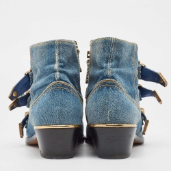 Pre Owned Chloe Blue Denim Embroidered Western Boots Size 37.5