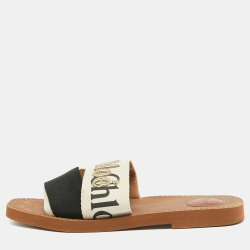 Pre Owned Chloe Cream/Black Embroidered Logo Canvas Woody Flat Slides Size 39