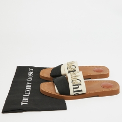 Pre Owned Chloe Cream/Black Embroidered Logo Canvas Woody Flat Slides Size 39