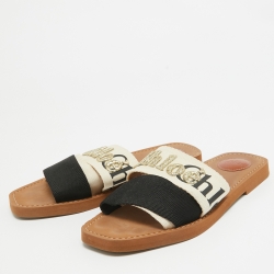 Pre Owned Chloe Cream/Black Embroidered Logo Canvas Woody Flat Slides Size 39