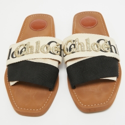 Pre Owned Chloe Cream/Black Embroidered Logo Canvas Woody Flat Slides Size 39