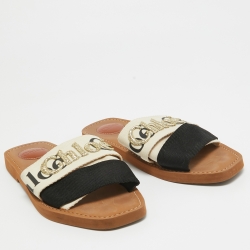 Pre Owned Chloe Cream/Black Embroidered Logo Canvas Woody Flat Slides Size 39