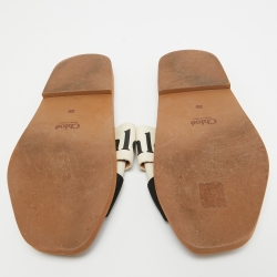 Pre Owned Chloe Cream/Black Embroidered Logo Canvas Woody Flat Slides Size 39