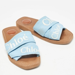 Chloe Blue Canvas Woody Flat Slides Size 37