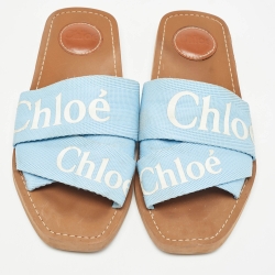 Chloe Blue Canvas Woody Flat Slides Size 37