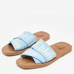 Chloe Blue Canvas Woody Flat Slides Size 37
