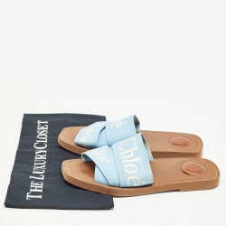 Chloe Blue Canvas Woody Flat Slides Size 37