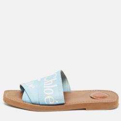 Chloe Blue Canvas Woody Flat Slides Size 37