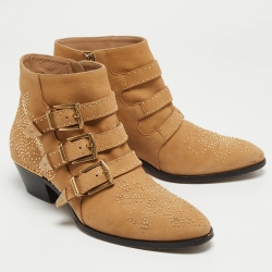 Pre Owned Chloe Tan Leather Studded Suzanna Ankle Boots Size 39