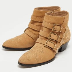 Pre Owned Chloe Tan Leather Studded Suzanna Ankle Boots Size 39