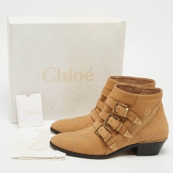 Pre Owned Chloe Tan Leather Studded Suzanna Ankle Boots Size 39