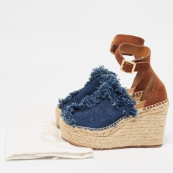 Pre Owned Chloe Navy Blue/Brown Denim and Suede Espadrille Wedge Ankle Strap Sandals Size 39