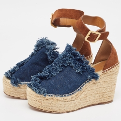 Pre Owned Chloe Navy Blue/Brown Denim and Suede Espadrille Wedge Ankle Strap Sandals Size 39