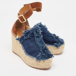 Pre Owned Chloe Navy Blue/Brown Denim and Suede Espadrille Wedge Ankle Strap Sandals Size 39