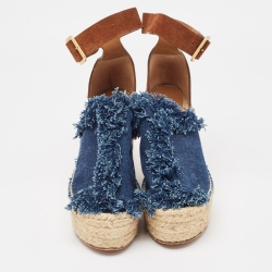 Pre Owned Chloe Navy Blue/Brown Denim and Suede Espadrille Wedge Ankle Strap Sandals Size 39
