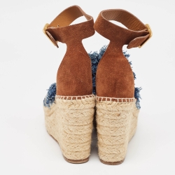 Pre Owned Chloe Navy Blue/Brown Denim and Suede Espadrille Wedge Ankle Strap Sandals Size 39