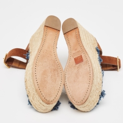 Pre Owned Chloe Navy Blue/Brown Denim and Suede Espadrille Wedge Ankle Strap Sandals Size 39
