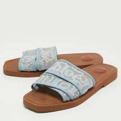 Chloe Blue Mesh and Lace Woody Flat Slides Size 38  
