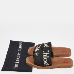 Chloe Black Canvas Logo Ribbon Woody Flat  Slides Size 38 