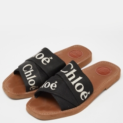 Chloe Black Canvas Logo Ribbon Woody Flat  Slides Size 38 