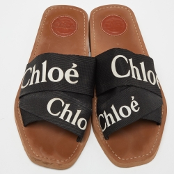 Chloe Black Canvas Logo Ribbon Woody Flat  Slides Size 38 