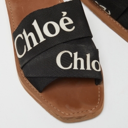 Chloe Black Canvas Logo Ribbon Woody Flat  Slides Size 38 