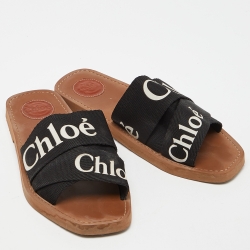 Chloe Black Canvas Logo Ribbon Woody Flat  Slides Size 38 