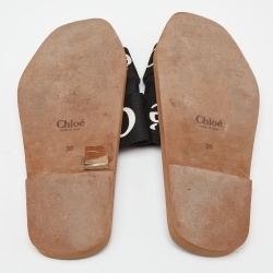 Chloe Black Canvas Logo Ribbon Woody Flat  Slides Size 38 