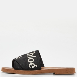 Chloe Black Canvas Logo Ribbon Woody Flat  Slides Size 38 