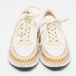 Pre Owned Chloe Beige/White Knit Fabric And Suede Lace Up Sneakers Size 38